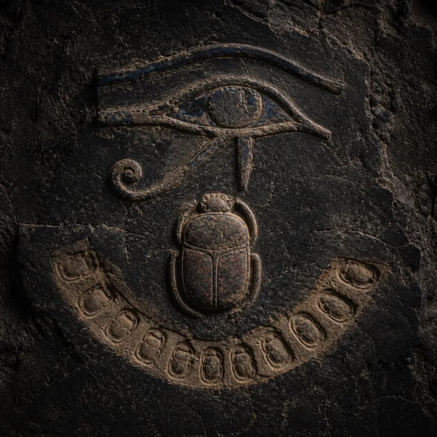 An ancient eye and scarab leaving a trail of repeated impressions