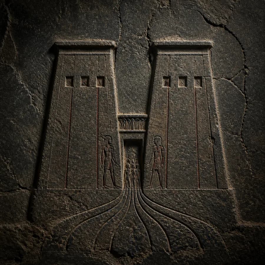 An ancient carved gateway forcing many paths through one narrow opening