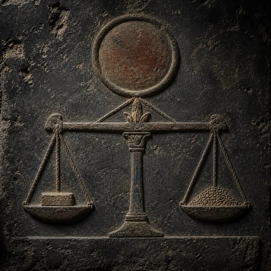 An ancient carved balance weighing an ingot against grain