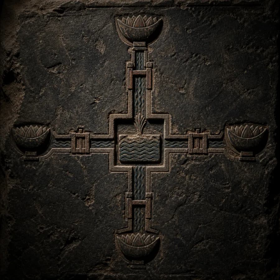 An ancient carved irrigation system feeding four lotus basins