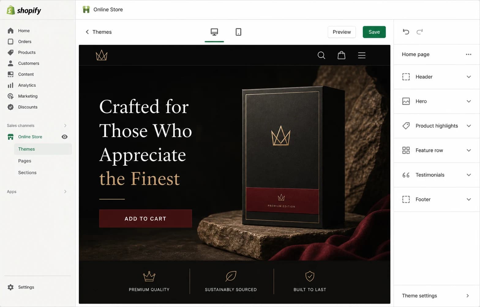 A Shopify theme editor showing a premium product landing page being built